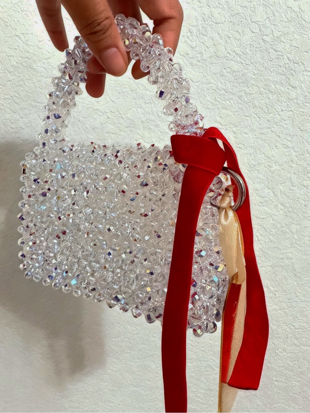 Clear Crystal Beaded Mini Bag with Red Ribbon Accent